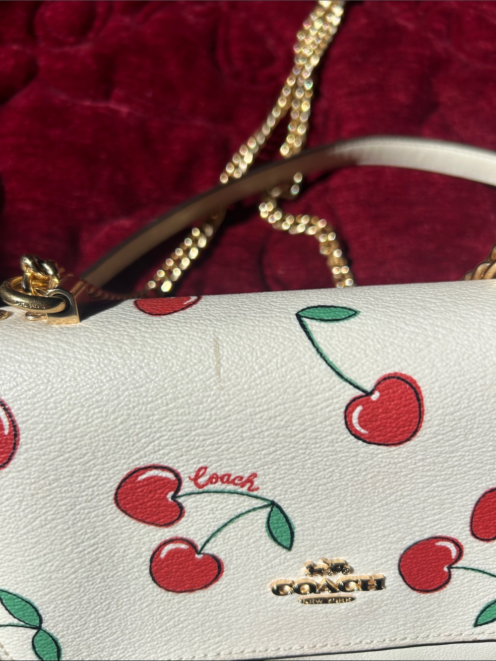 Coach Mini Klaire Cream Cherry-Print Leather Crossbody with Gold Chain - Picture 4 of 4
